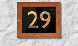 Timber framed glass house number sign – natural wood with clear glass panel, Australian made